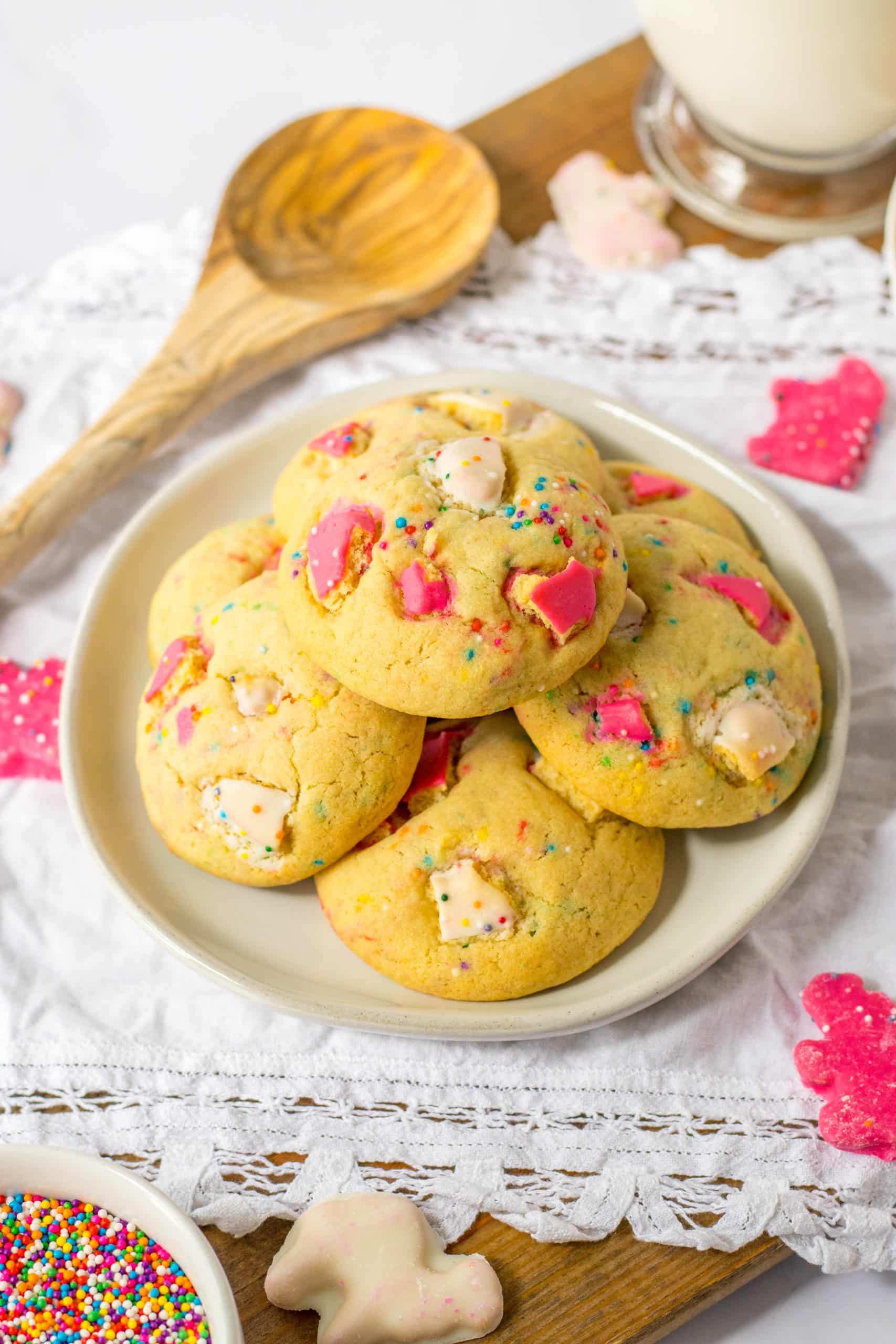 circus animal cookies piled on a white plate