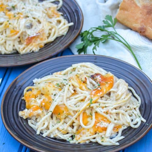 cheesy chicken tetrazinni casserole on two brown plates