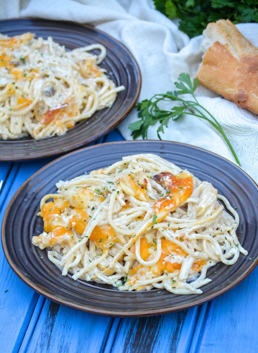 cheesy chicken tetrazinni casserole on two brown plates