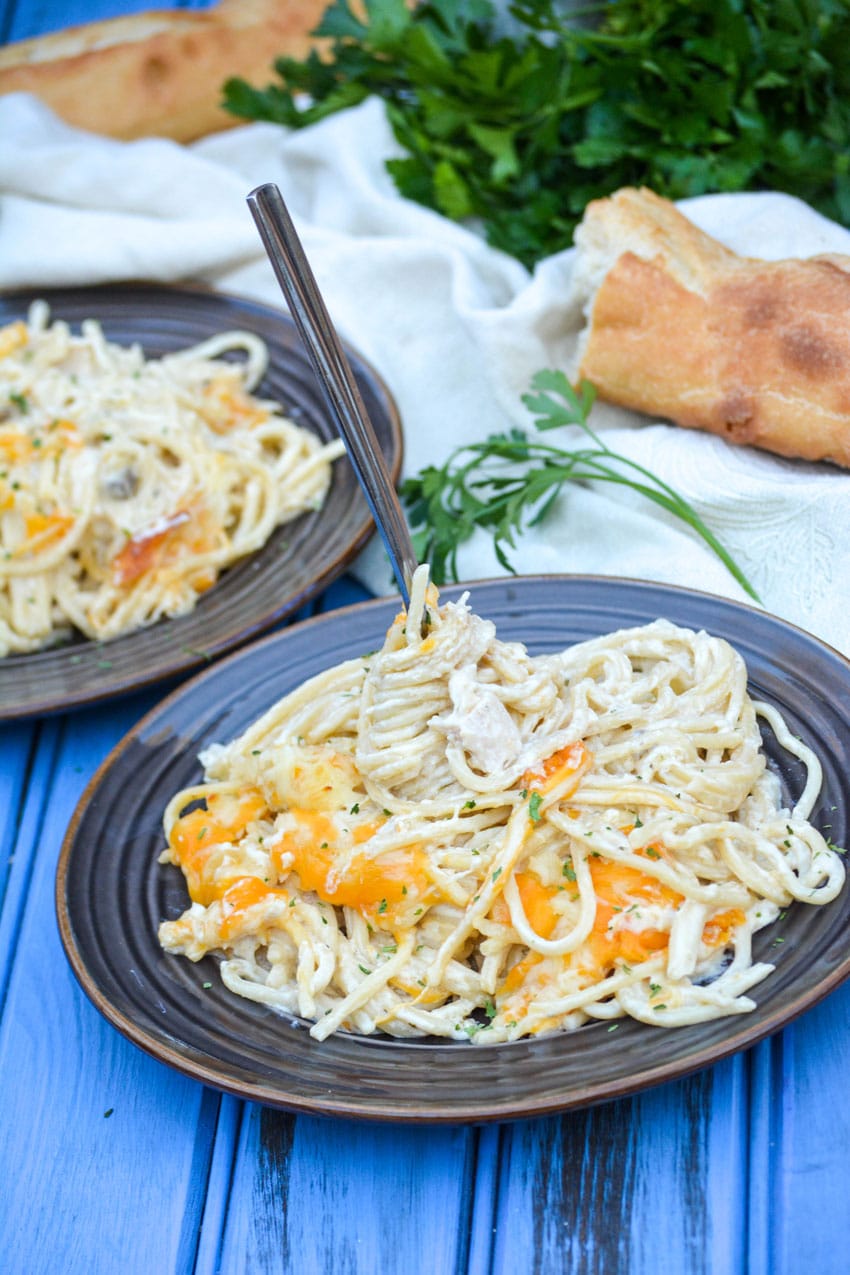 cheesy chicken tetrazinni casserole on two brown plates