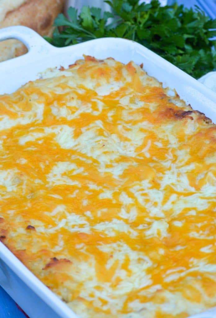 easy chicken tetrazzini casserole in a white baking dish