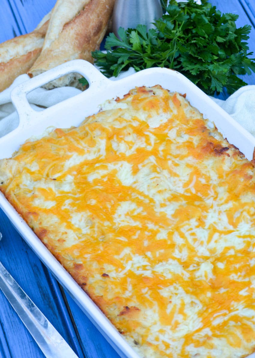 easy chicken tetrazzini casserole in a white baking dish
