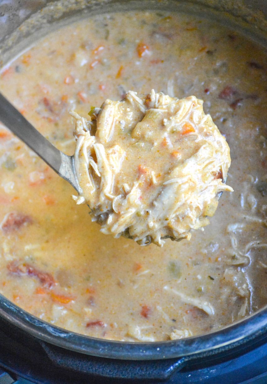 a silver ladle lifting up a scoop of creamy chicken tortilla soup from an instant pot