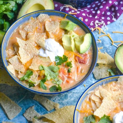 instant pot chicken tortilla soup in a blue bowl