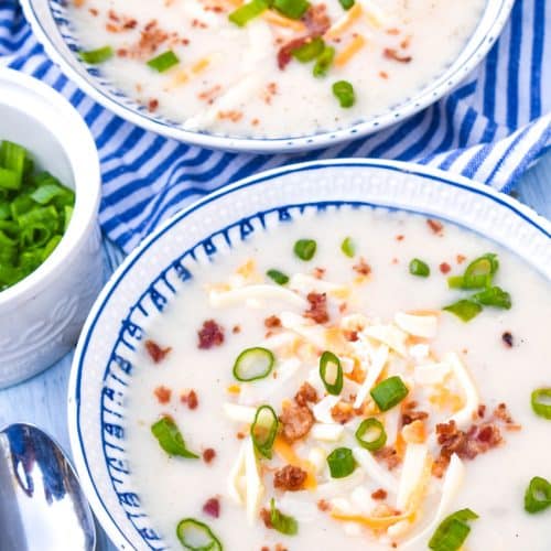 leftover mashed potato soup in aa blue and white bowl