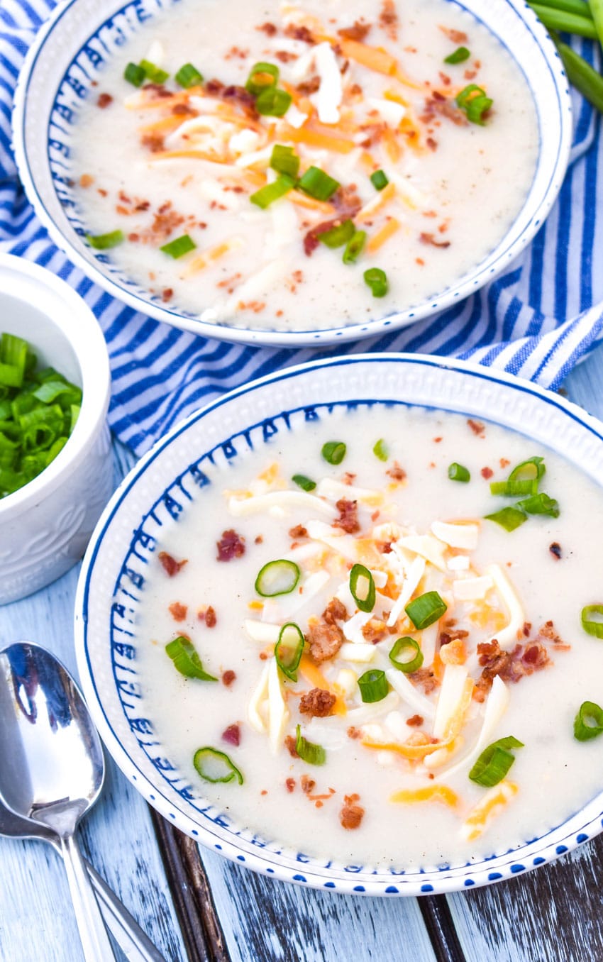 leftover mashed potato soup in aa blue and white bowl