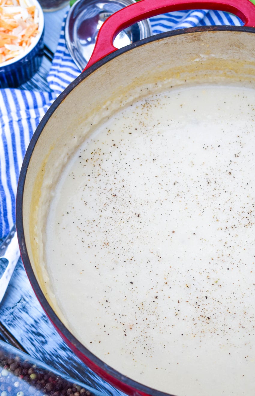 leftover mashed potato soup in a large dutch oven