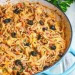 taco spaghetti in a large blue skillet