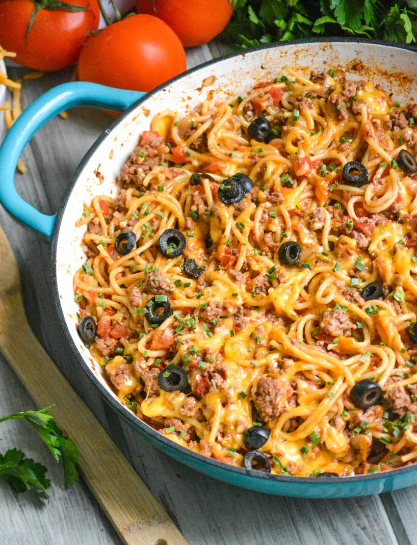 taco spaghetti in a large blue skillet