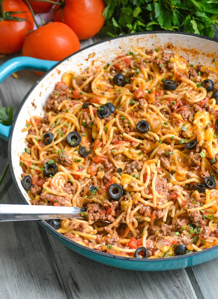 taco spaghetti in a large blue skillet