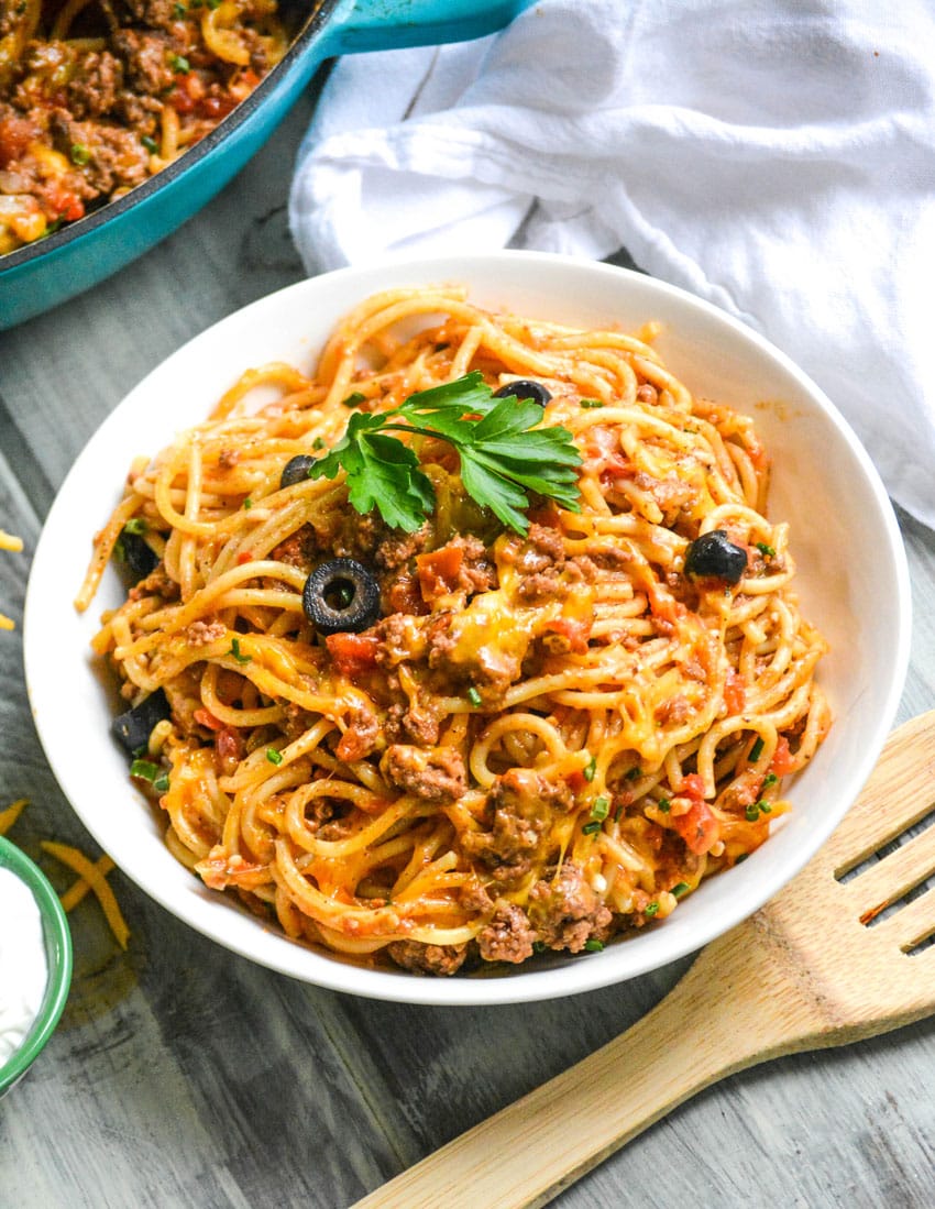 easy taco spaghetti in a white bowl