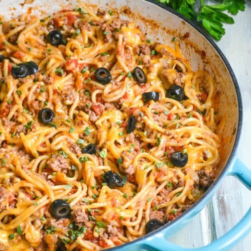 taco spaghetti in a large blue skillet
