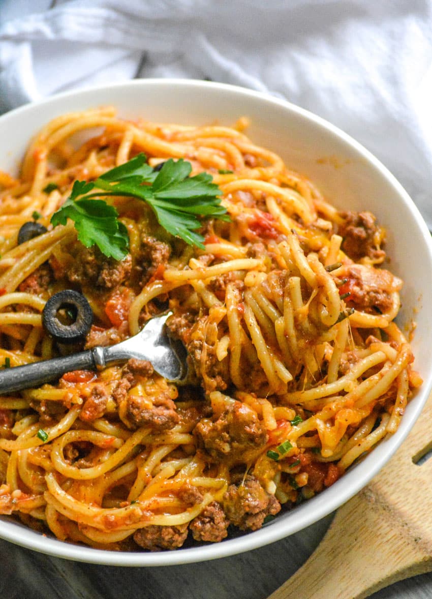 easy taco spaghetti in a white bowl