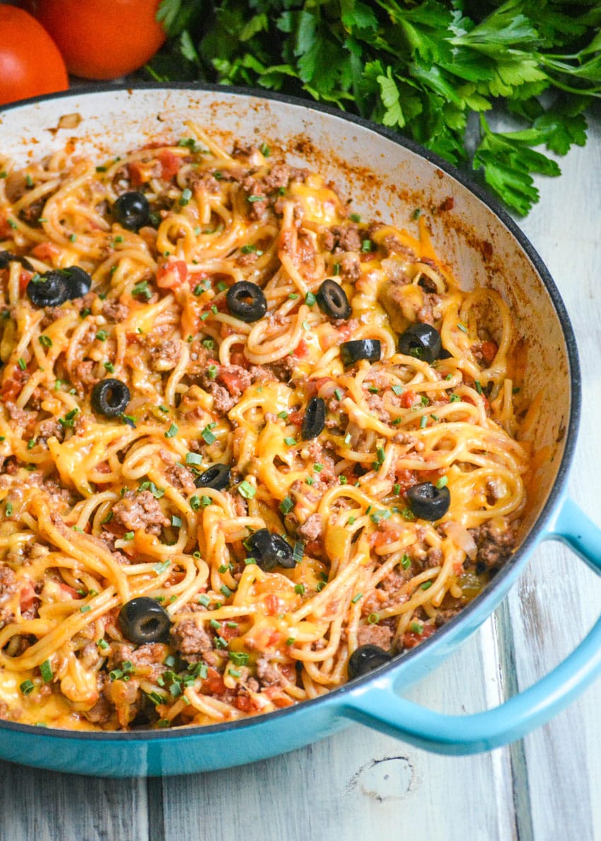 taco spaghetti in a large blue skillet