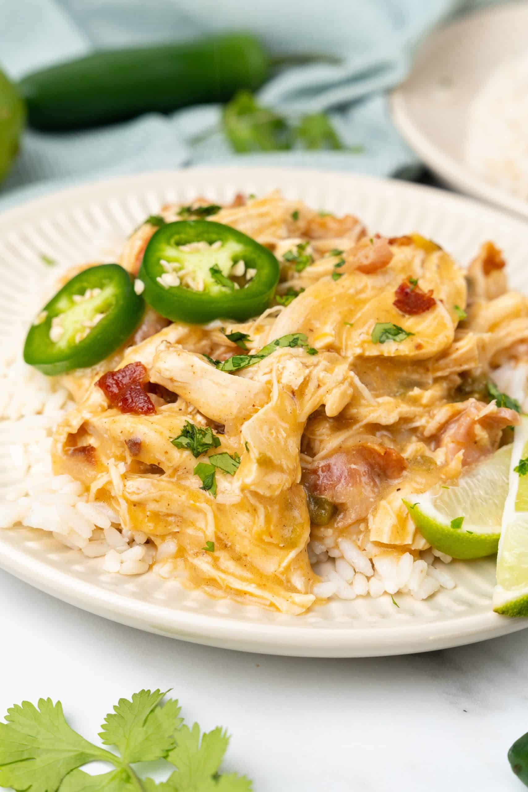 instant pot jalapeno cheddar chicken on a white plate