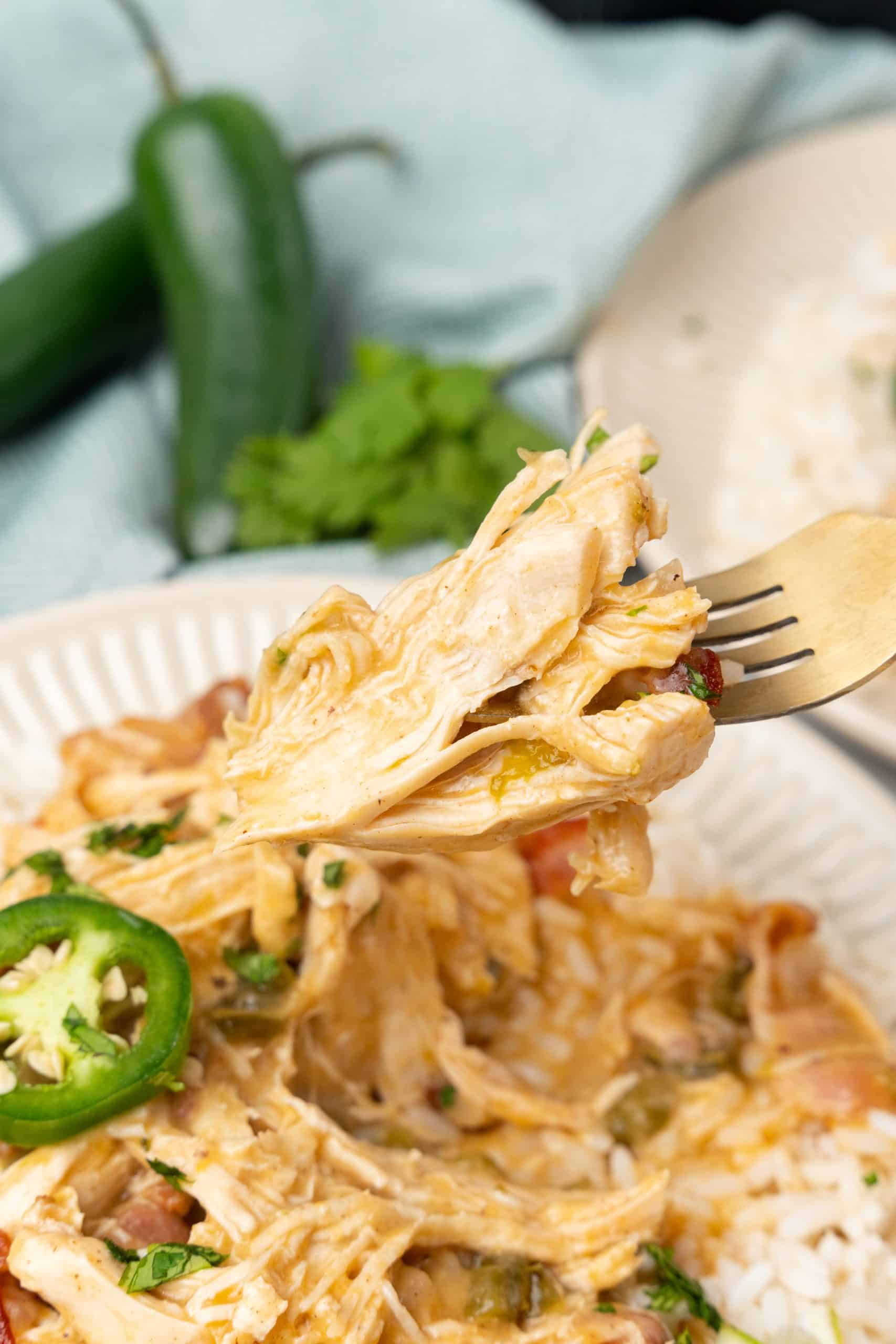 a gold fork digging into a plate of cheesy jalapeno chicken over steamed white rice