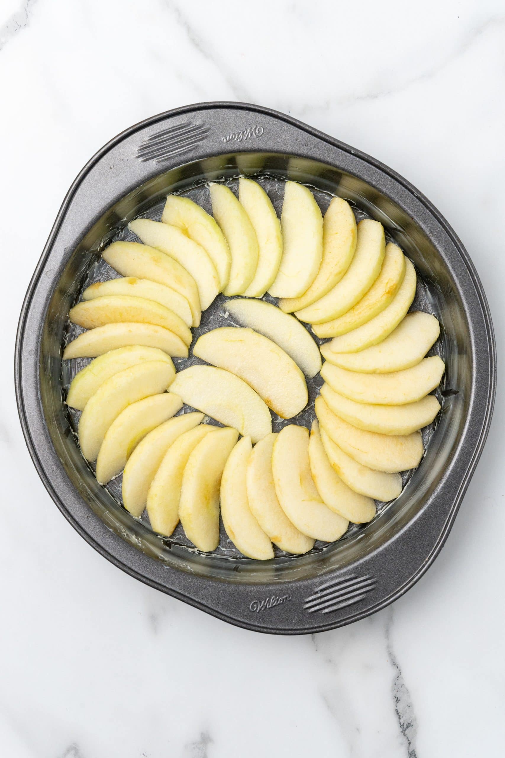 apple slices arranged in a spiral pattern in the bottom of a round cake pan