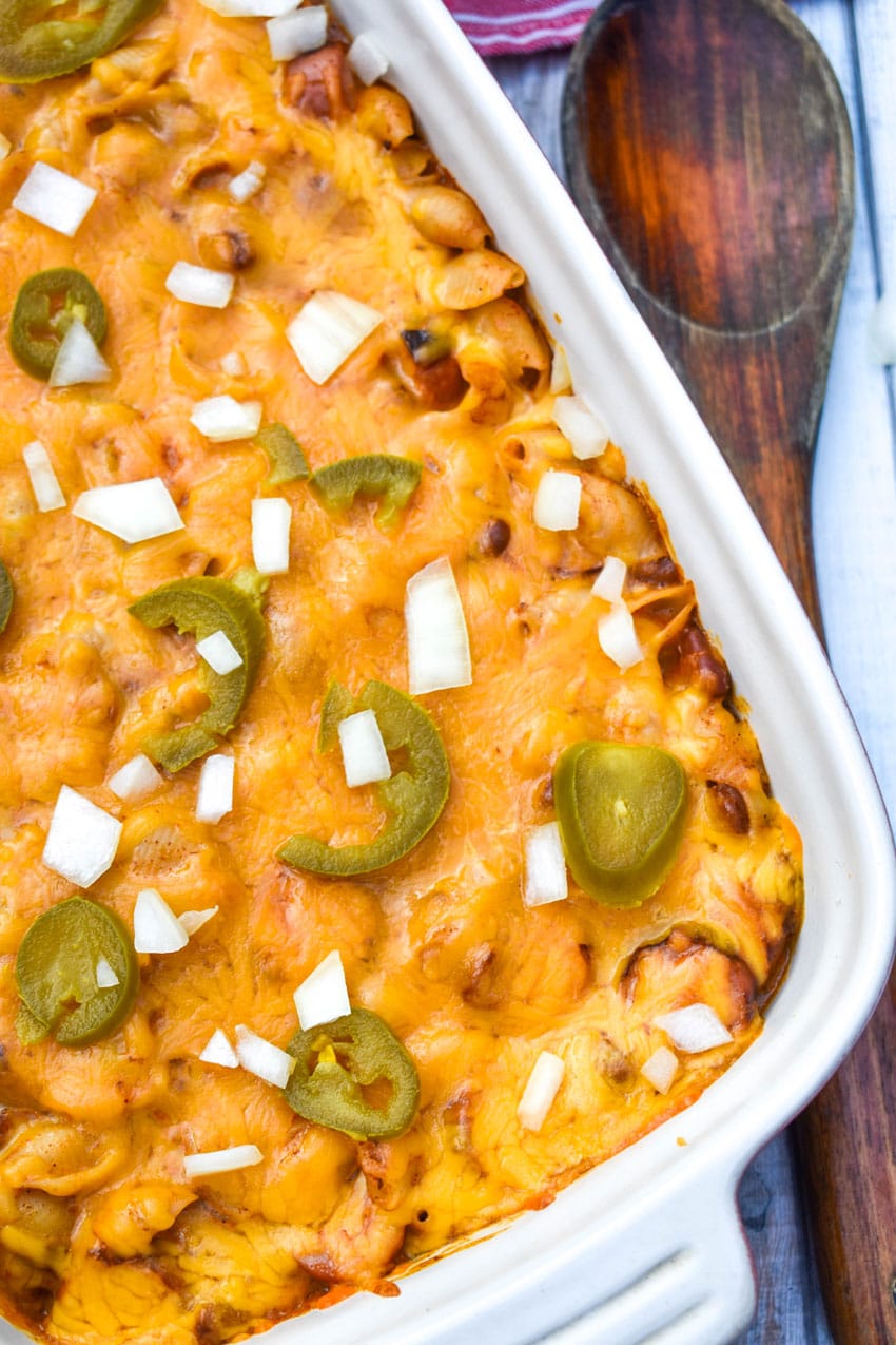 chili dog mac and cheese in a white baking dish