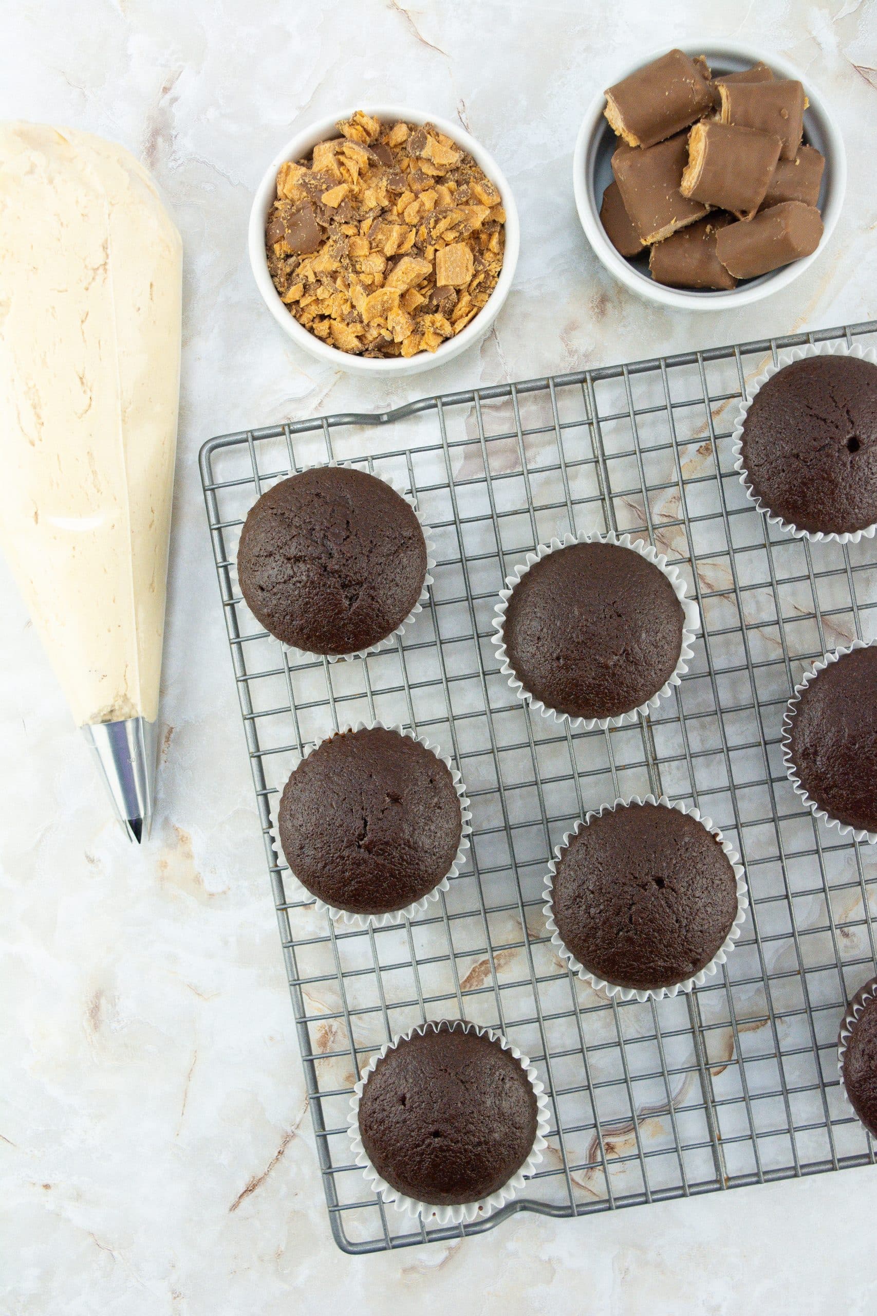 chocolate cupcakes on a metal cooling rack