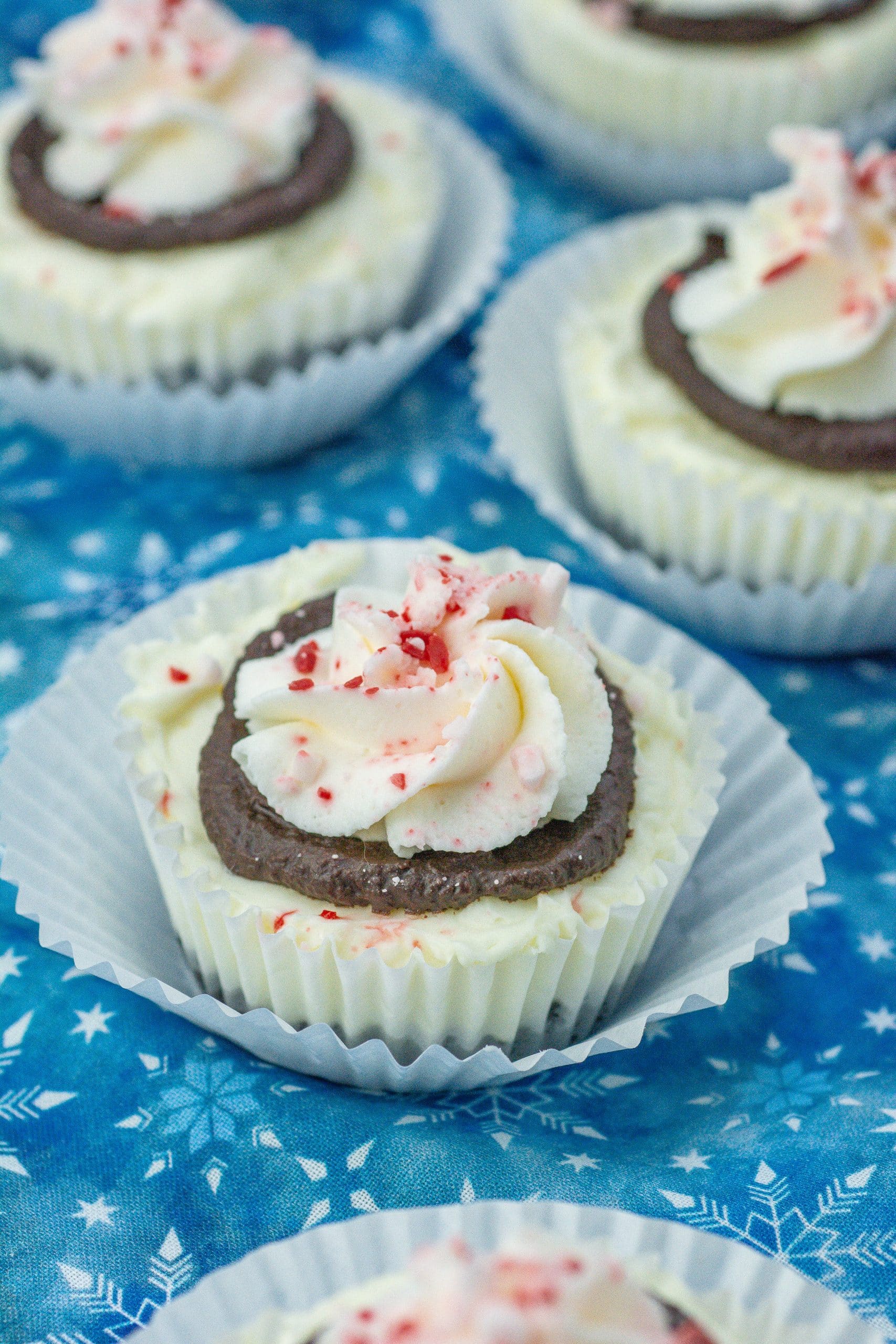 mini peppermint cheesecakes on white paper cupcakes liners
