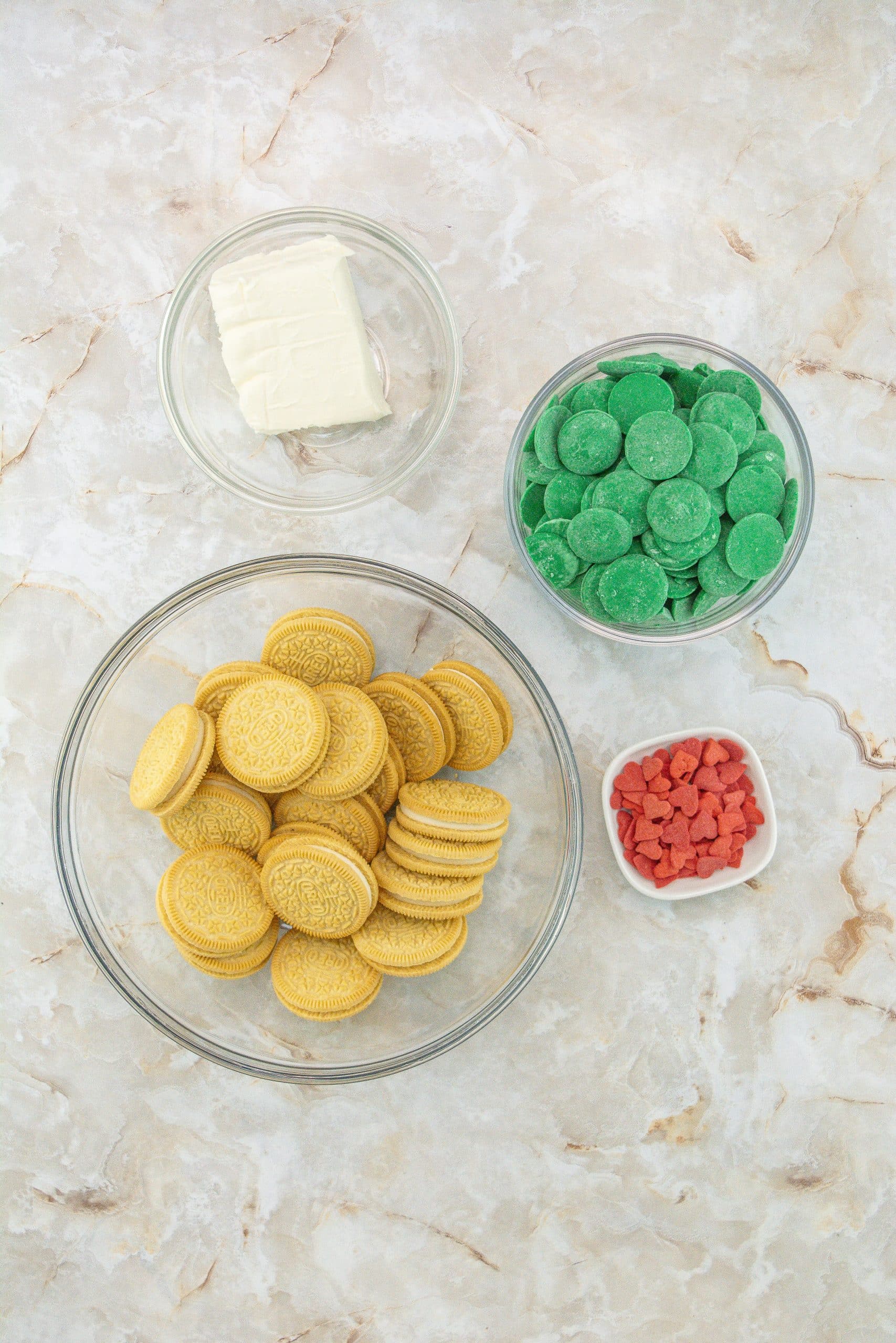 overhead image showing the measured ingredients needed to make a batch of grinch truffles