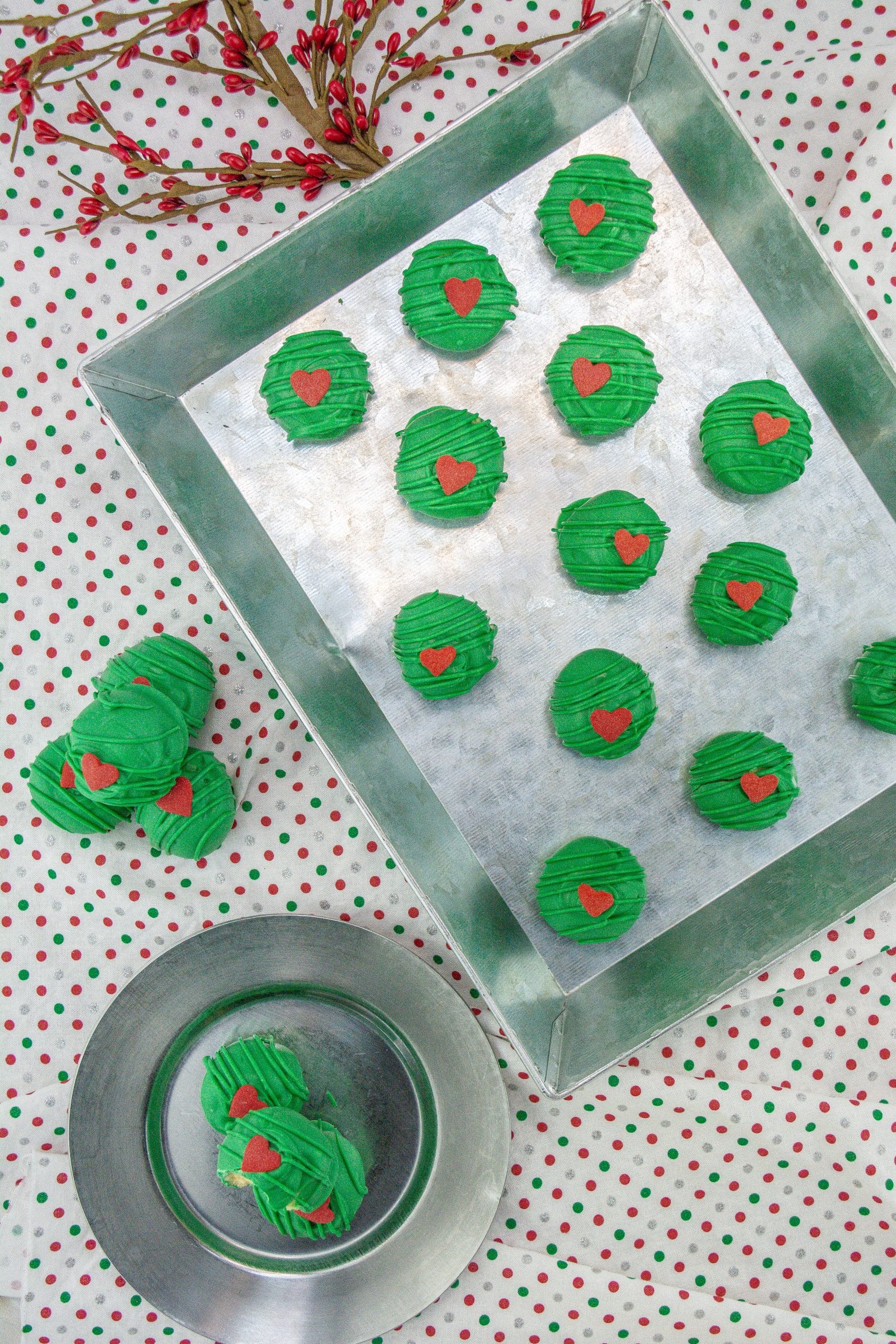 grinch truffles on a metal tray