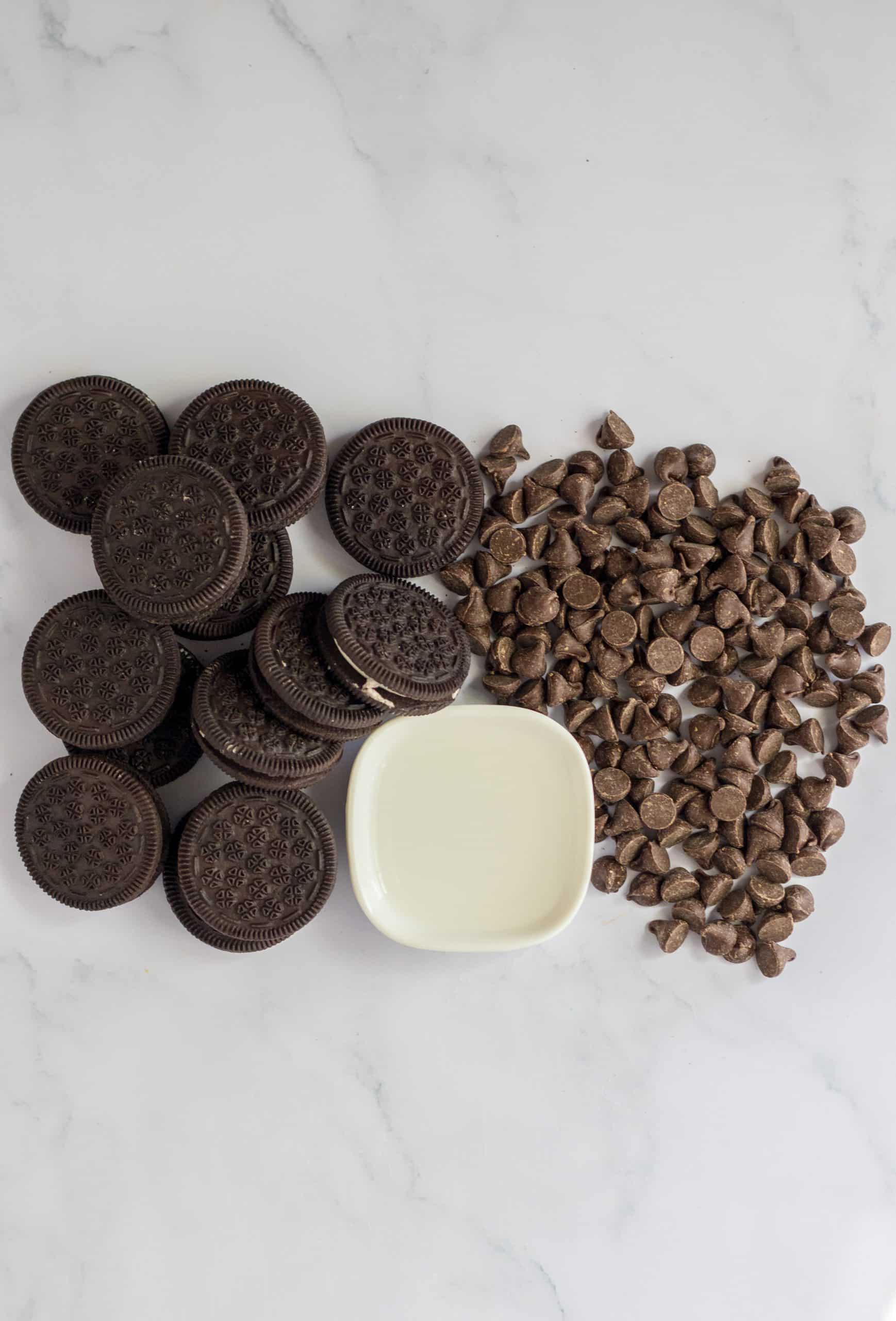 an overhead image showing the measured ingredients needed to make a batch of homemade thin mints