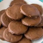 homemade thin mints stacked on a white plate