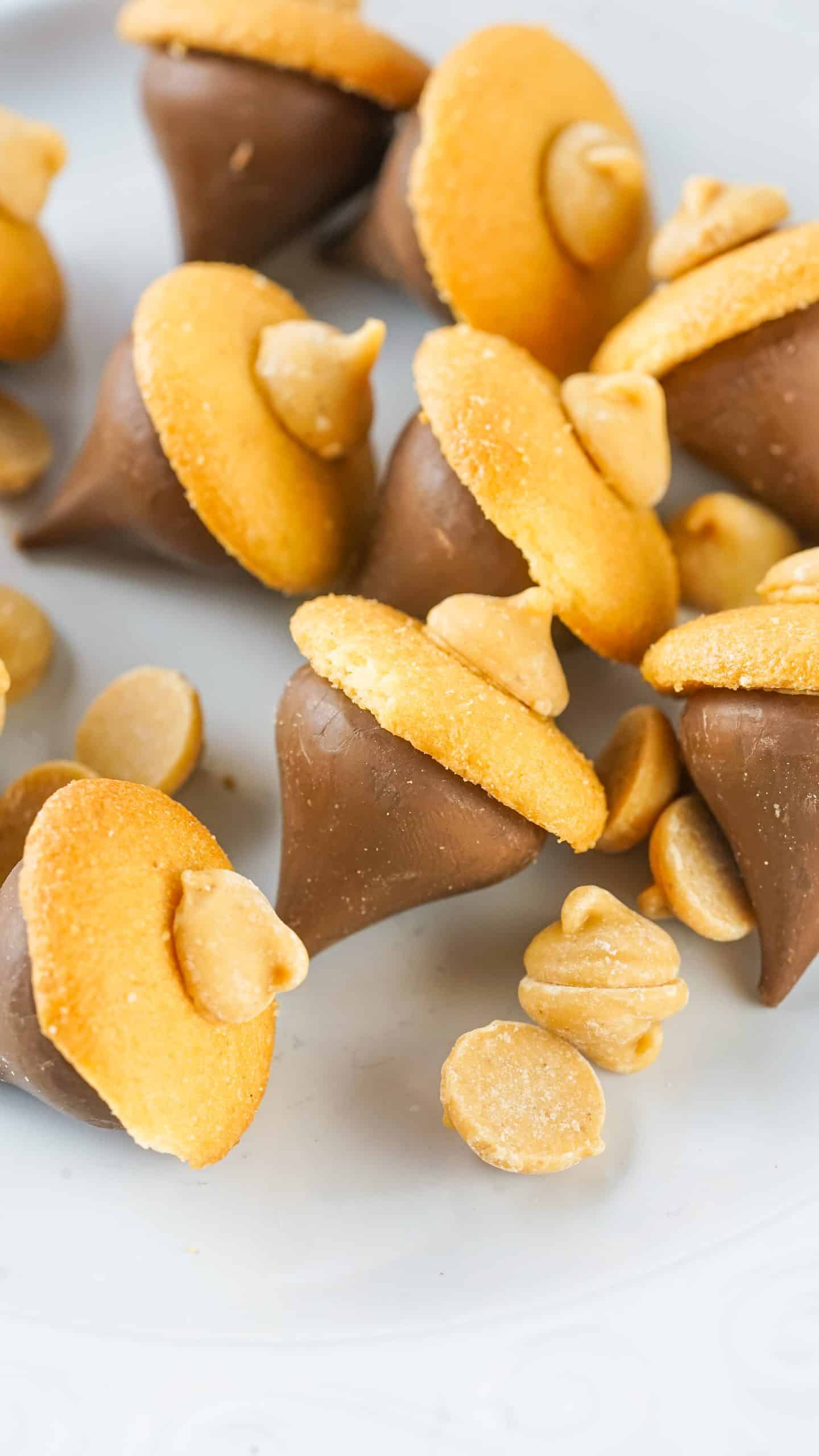 a group of acorn kisses on a white cloth napkin