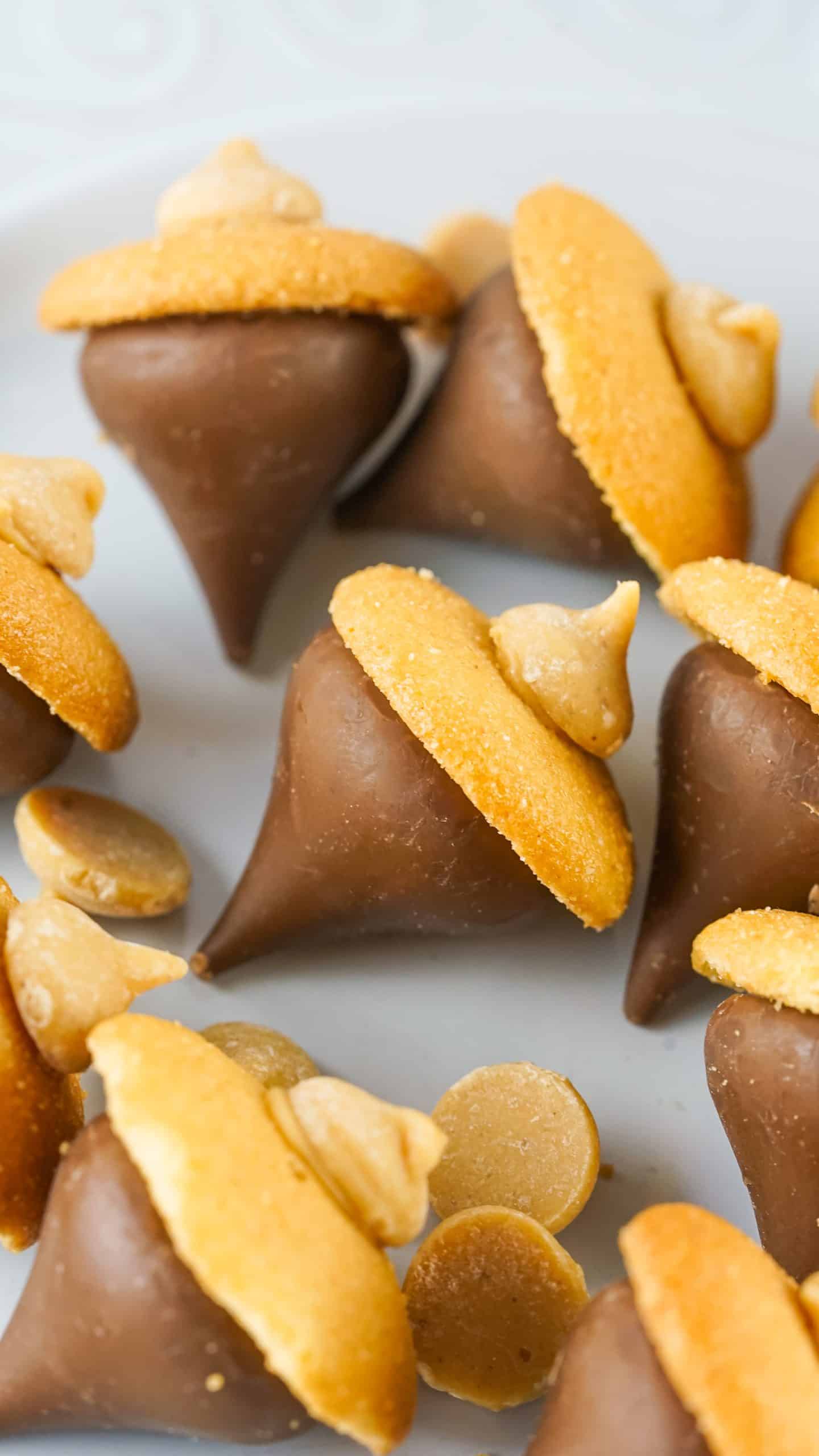 a group of acorn kisses on a white cloth napkin