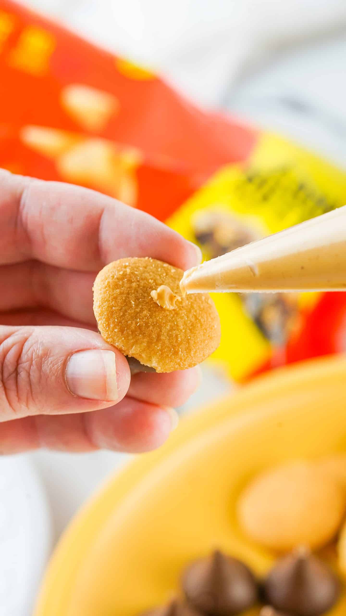 peanut butter being squeezed onto the bottom of an unwrapped hershey's kiss chocolate