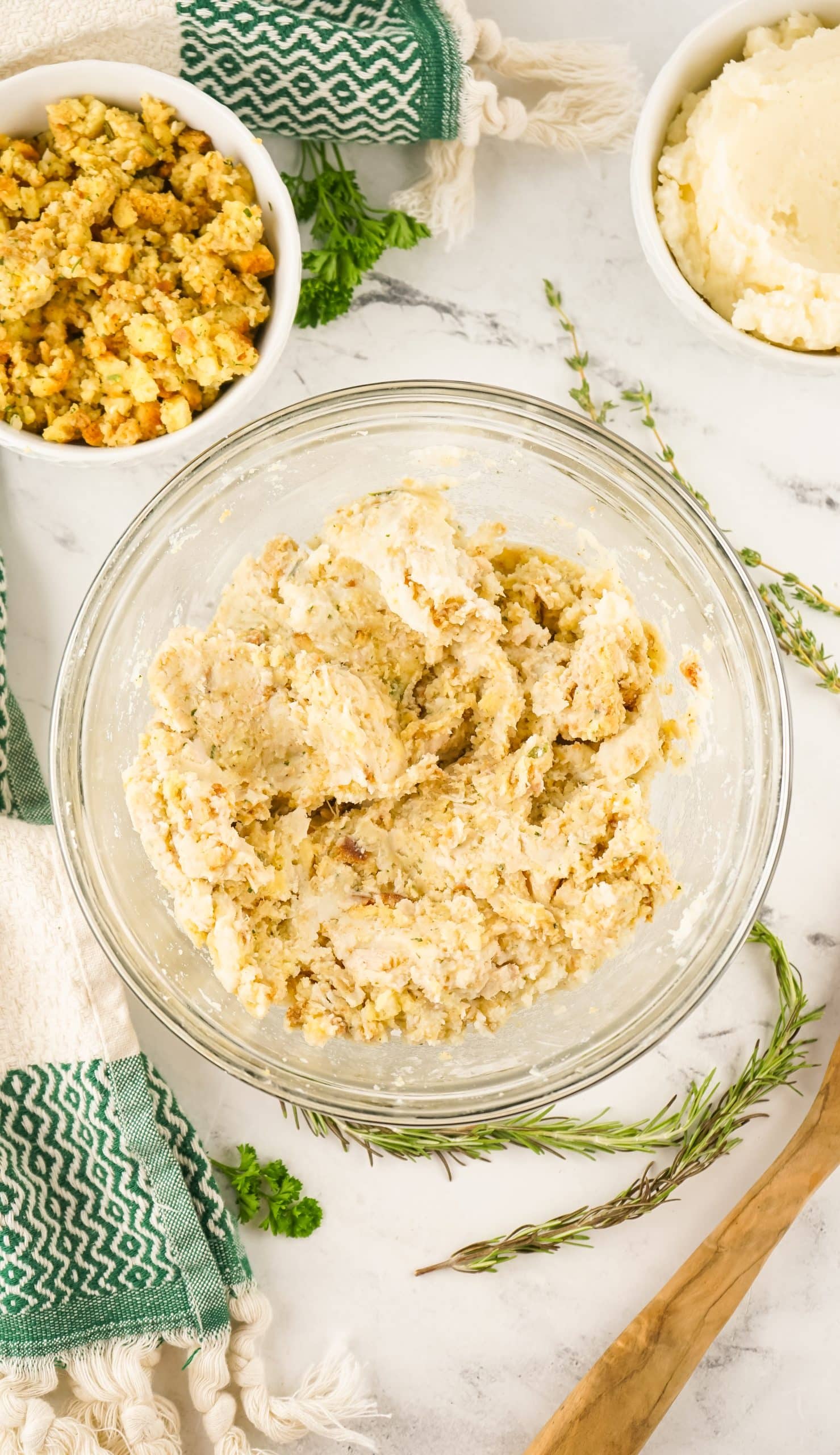 leftover turkey meatball mixture in a large glass bowl