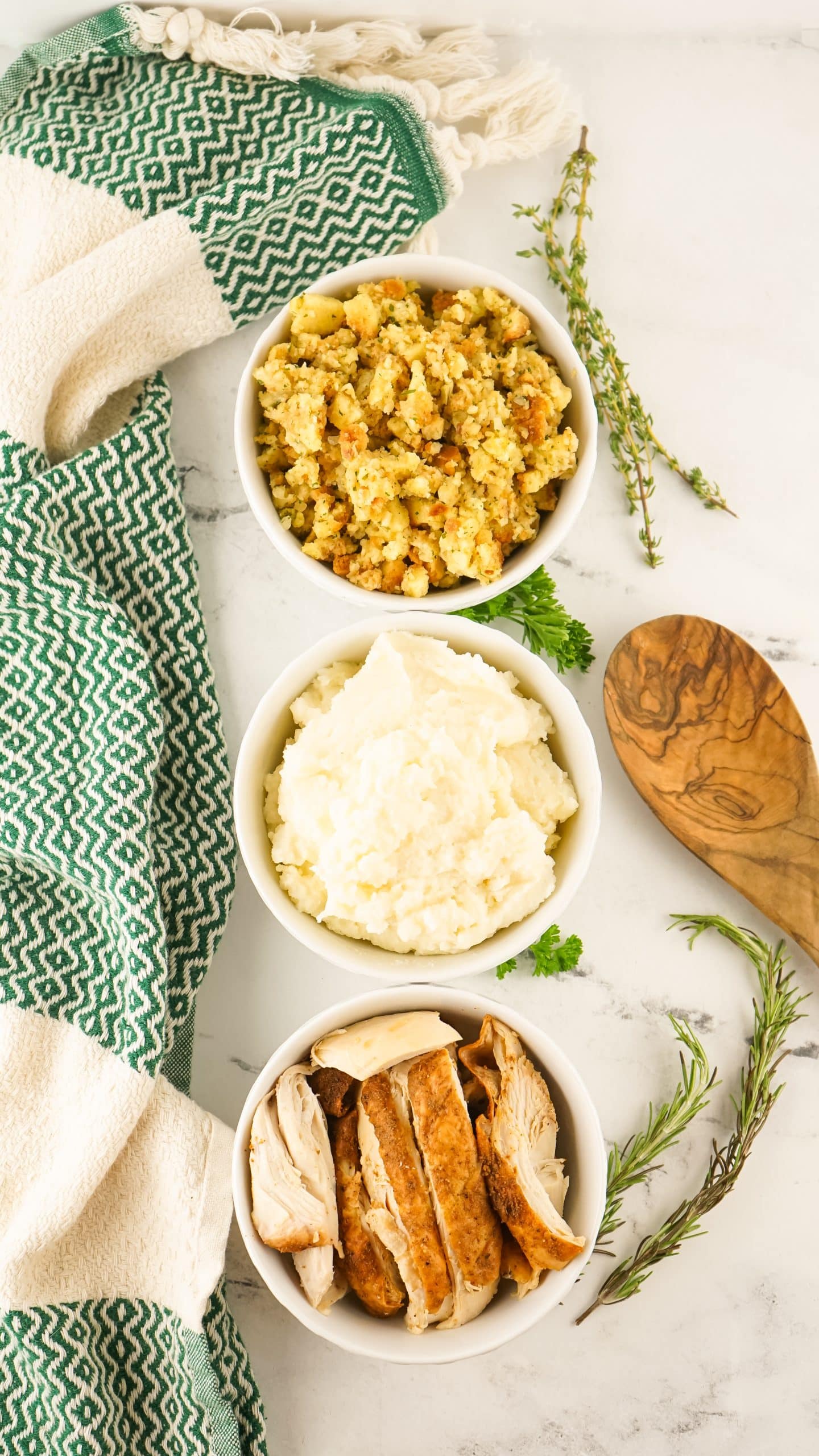 an overhead image showing the measured ingredients needed to make a batch of thanksgiving leftover turkey meatballs