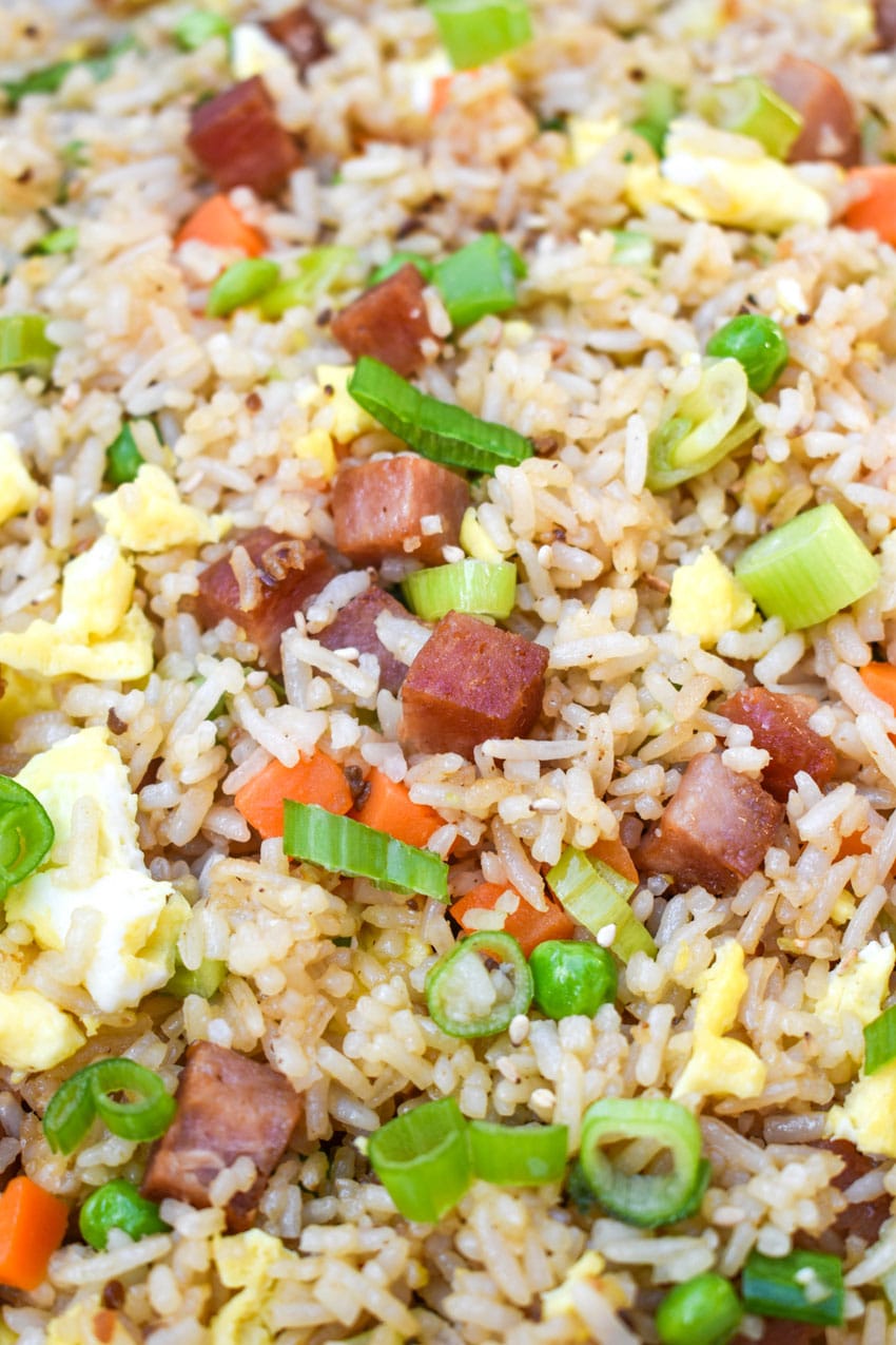 spam fried rice in a large white serving bowl