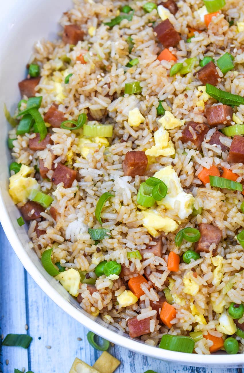 spam fried rice in a large white serving bowl