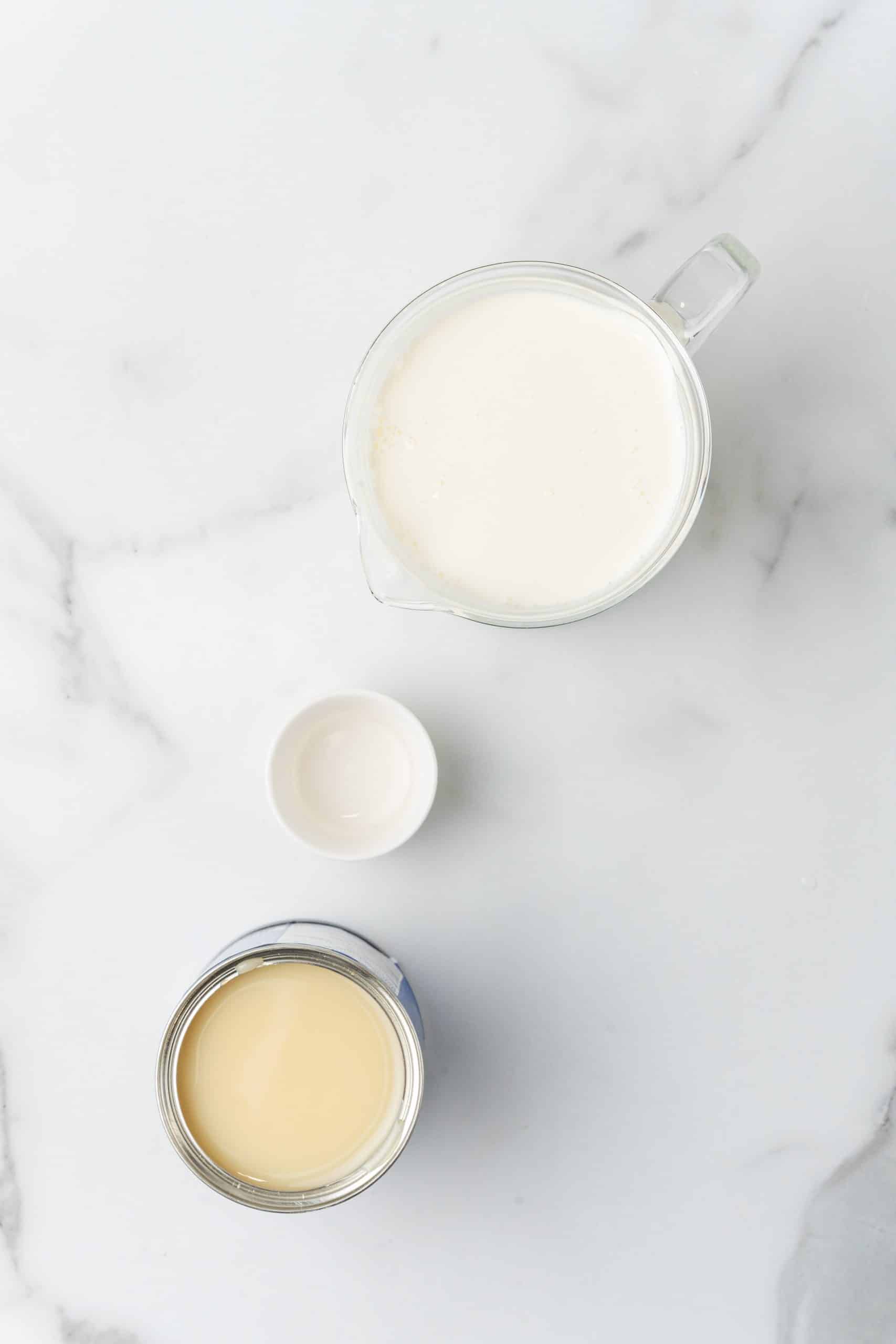 an overhead image showing the measured ingredients needed to make a batch of homemade hazelnut coffee creamer