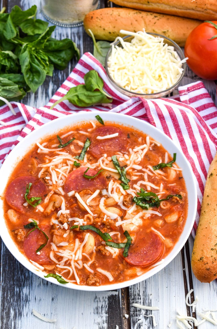 instant pot pizza soup in a white bowl