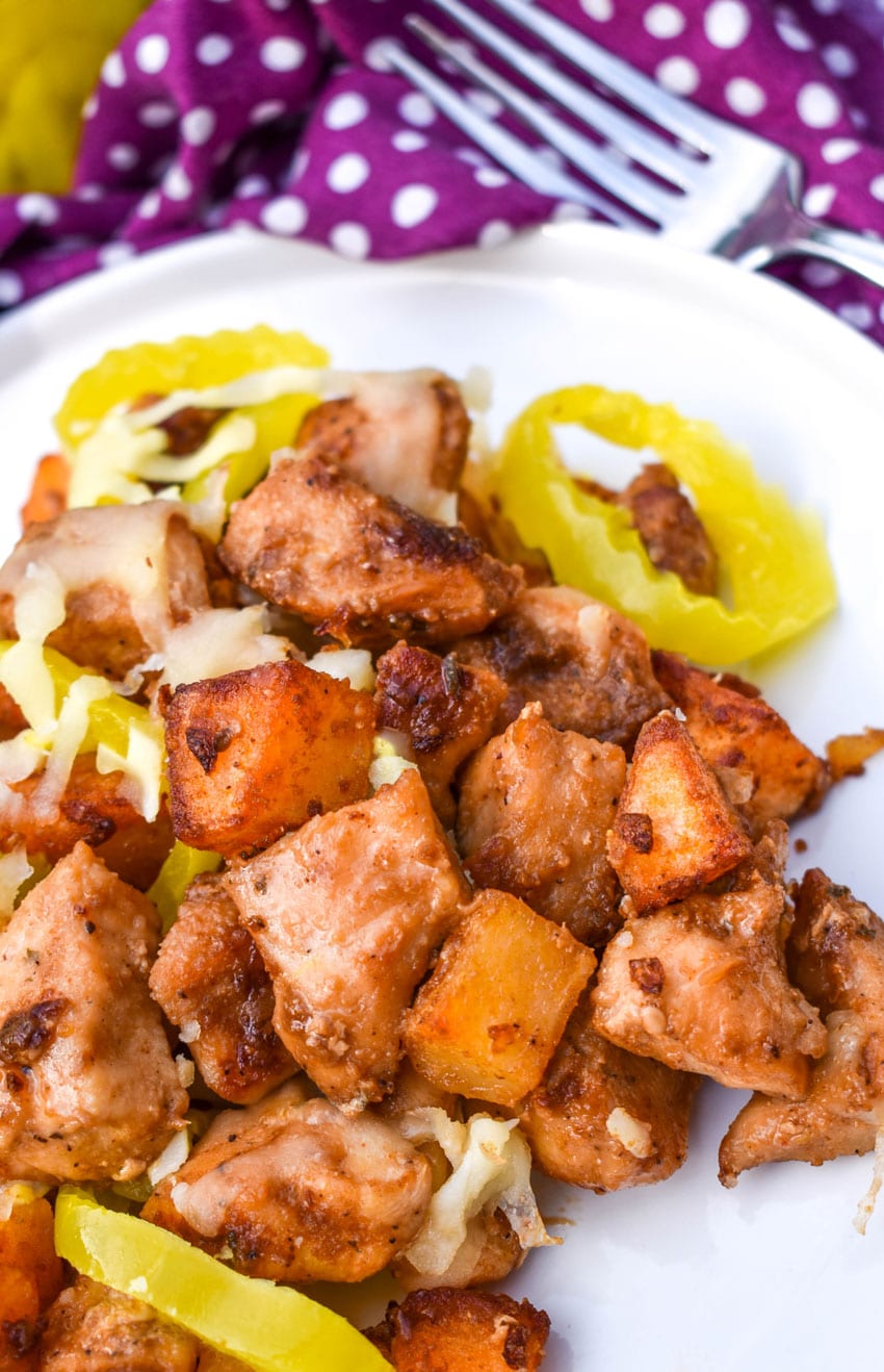 mississippi chicken and potato skillet recipe served on a white dinner plate