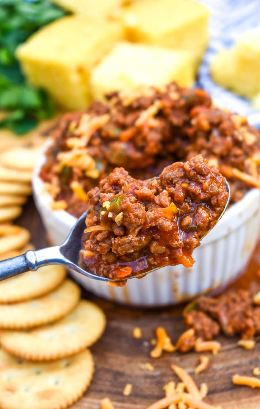 a silver spoon holding up a scoop of an easy no bean chili recipe