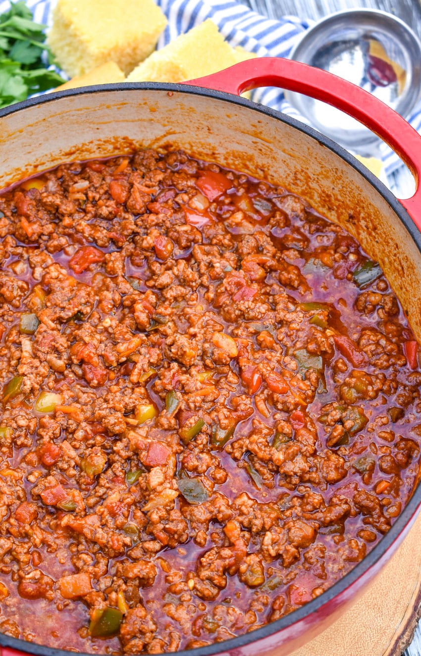 easy no bean chili recipe in a large red dutch oven