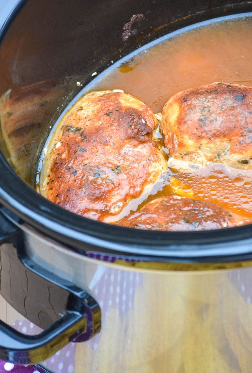 slow cooker cool ranch chicken in the bowl of a slow cooker