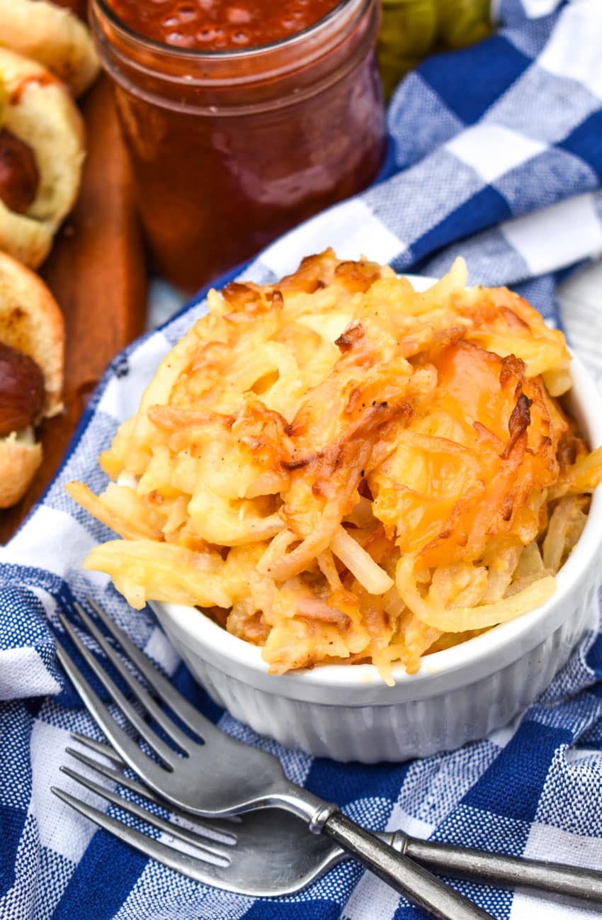 smoked cheesy potatoes in a small white bowl