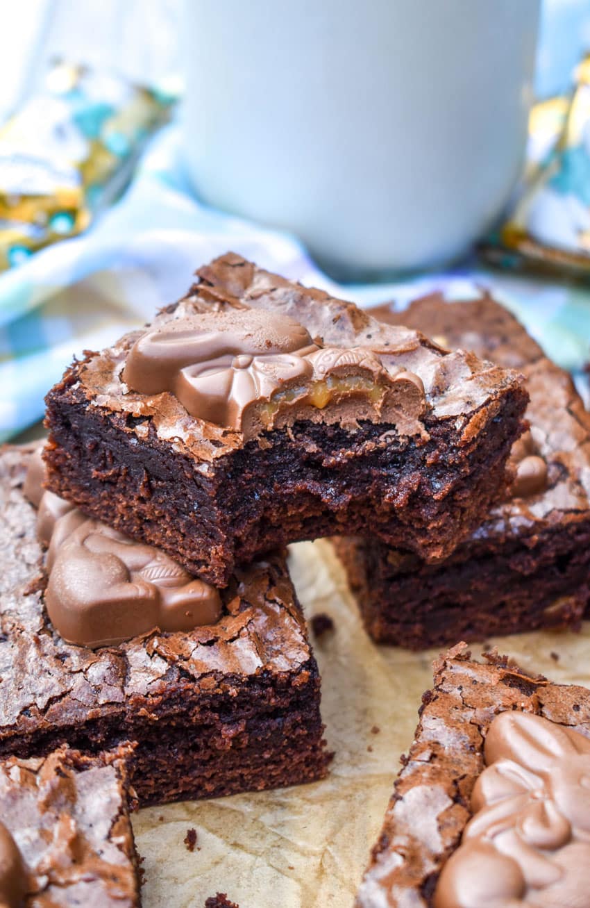 stacked easy easter bunny brownies on brown parchment paper