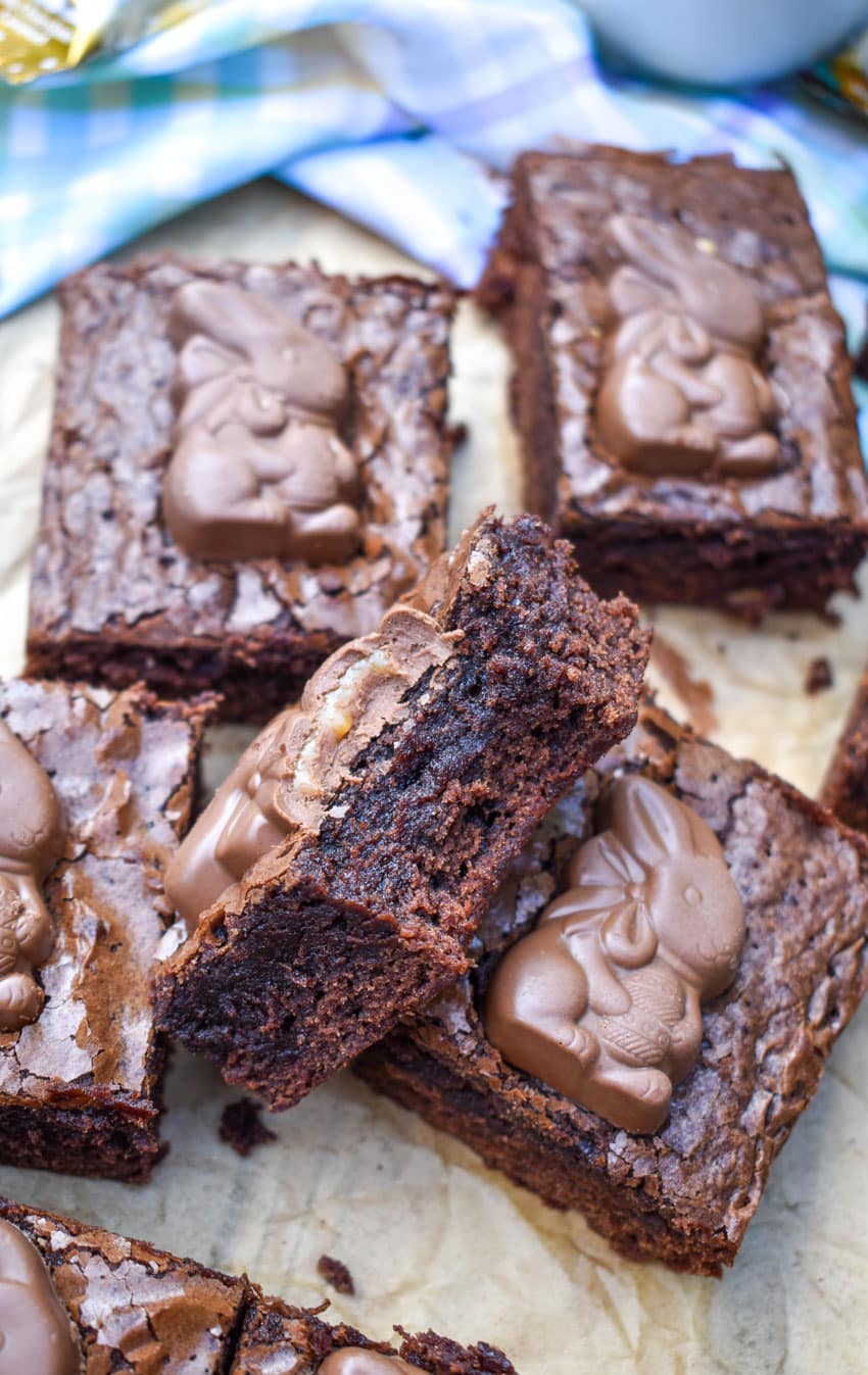 slices of easy easter bunny brownies on crinkled brown parchment paper