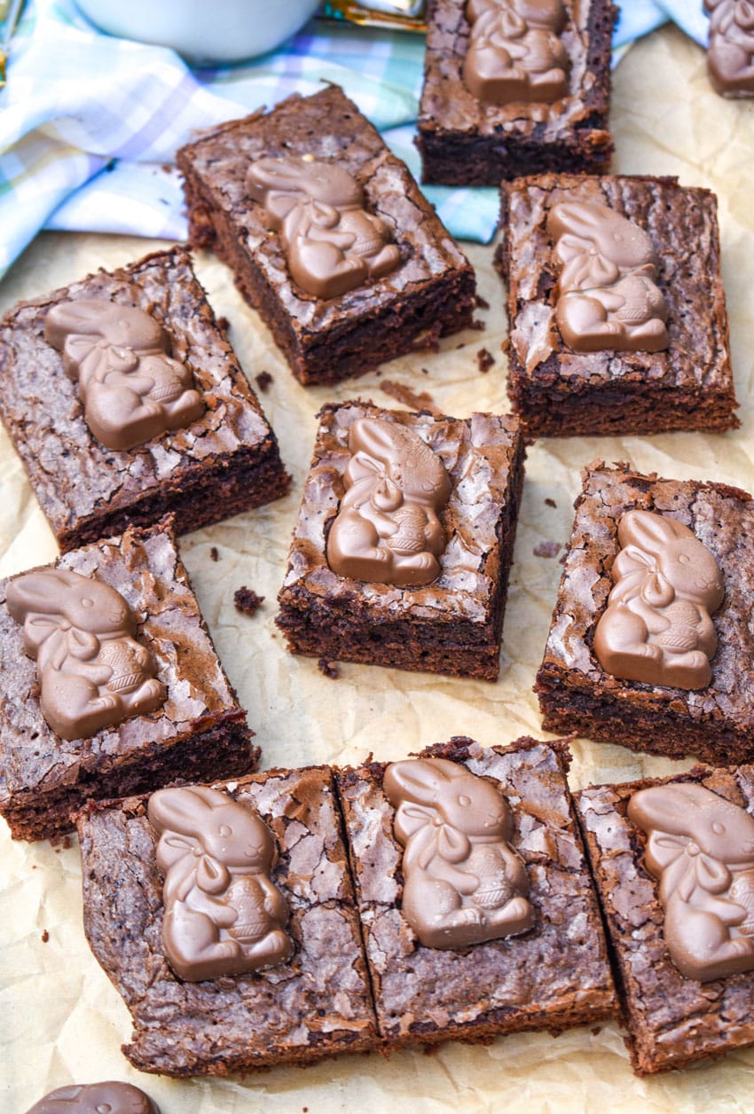 easy easter bunny brownies on brown parchment paper