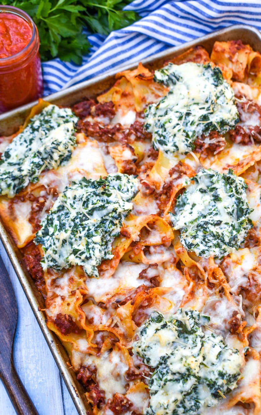 sheet pan lasagna on a metal baking sheet