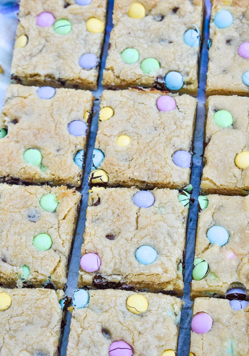 a close up of easter cookie bars cut into squares