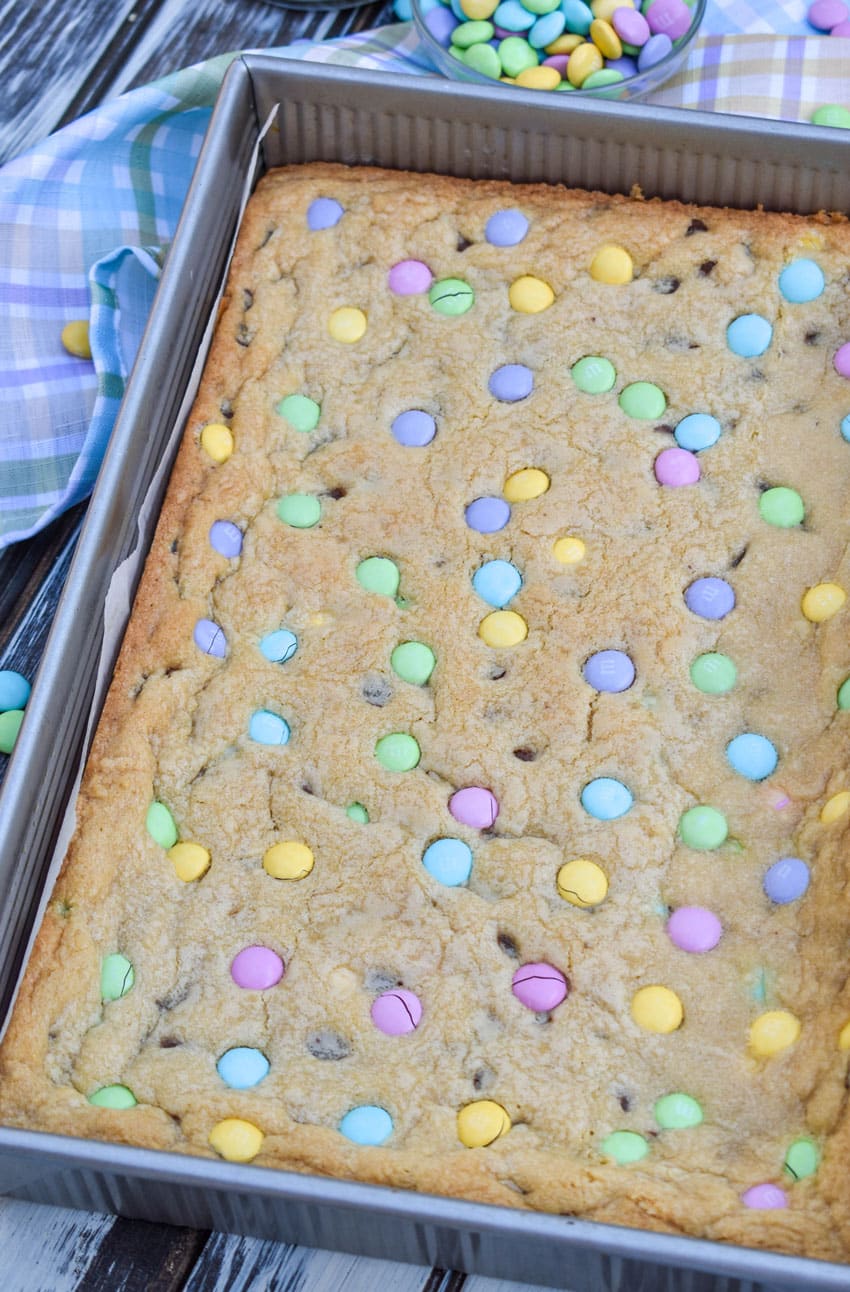 Easter cookie bars in a metal baking dish