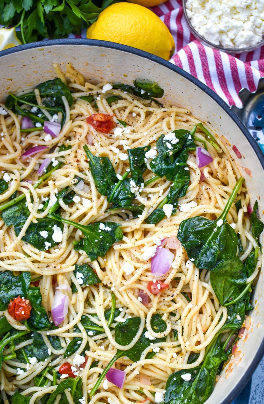 easy Greek spaghetti in a large dutch oven