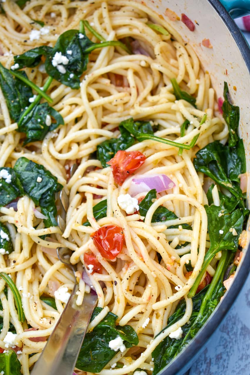 easy Greek spaghetti in a large dutch oven